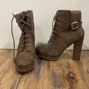 Coffee colored high heeled combat boots